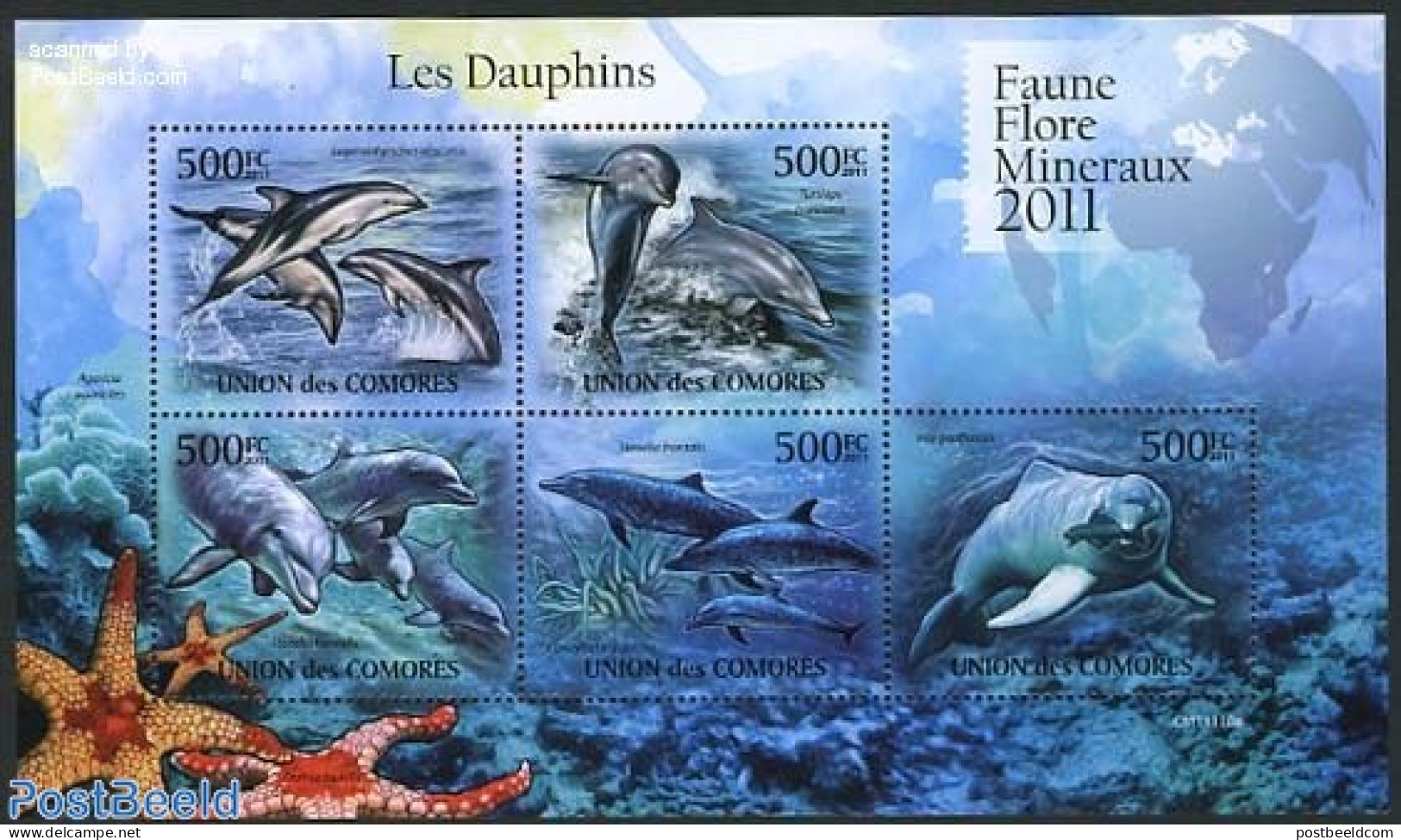 Comoros 2011 Dolpins 5v M/s, Mint NH, Nature - Sea Mammals - Comores (1975-...)