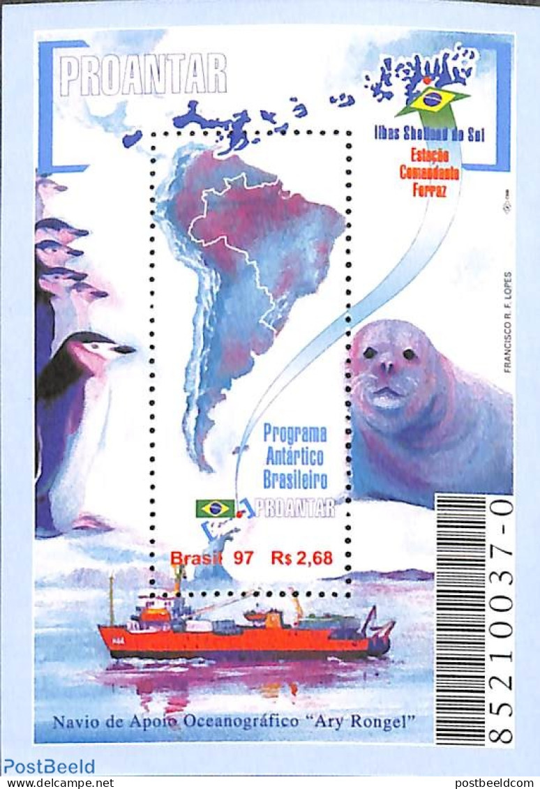 Brazil 1997 Proantar S/s, Mint NH, Nature - Science - Various - Penguins - Sea Mammals - The Arctic & Antarctica - Maps - Neufs