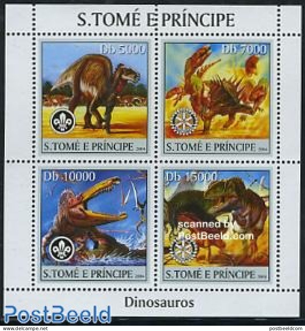 Sao Tome/Principe 2004 Scouting, Rotary, Preh. Animals 4v M/s, Mint NH, Nature - Sport - Various - Prehistoric Animals.. - Préhistoriques