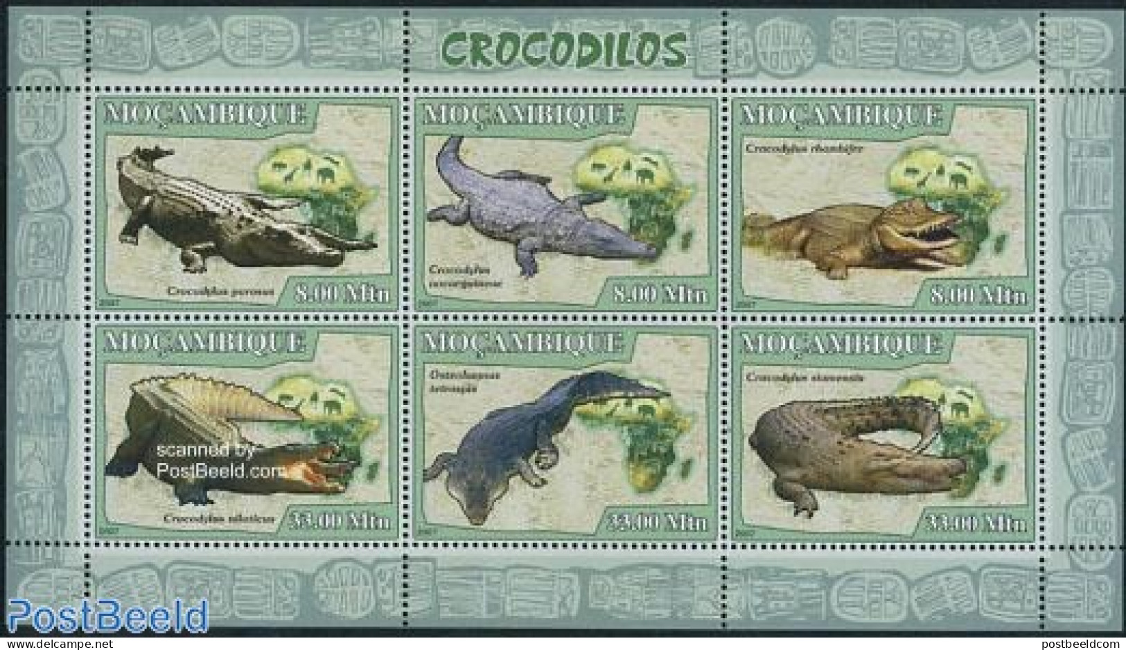Mozambique 2007 Crocodiles 6v M/s, Mint NH, Nature - Various - Animals (others & Mixed) - Crocodiles - Elephants - Gir.. - Geografía