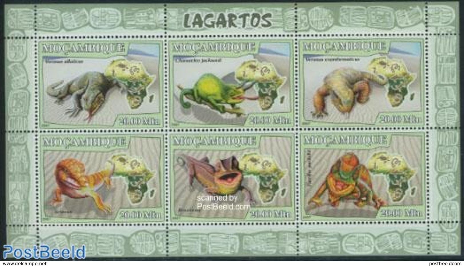 Mozambique 2007 Chameleons 6v M/s, Mint NH, Nature - Animals (others & Mixed) - Reptiles - Mozambico