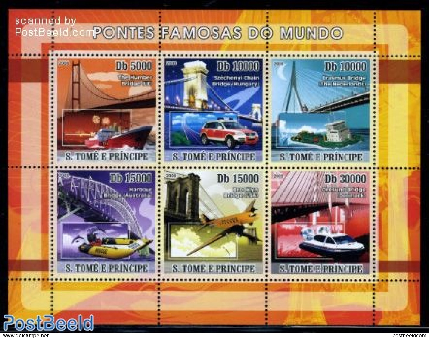 Sao Tome/Principe 2008 Famous Bridges 6v M/s, Mint NH, Transport - Automobiles - Aircraft & Aviation - Ships And Boats.. - Autos