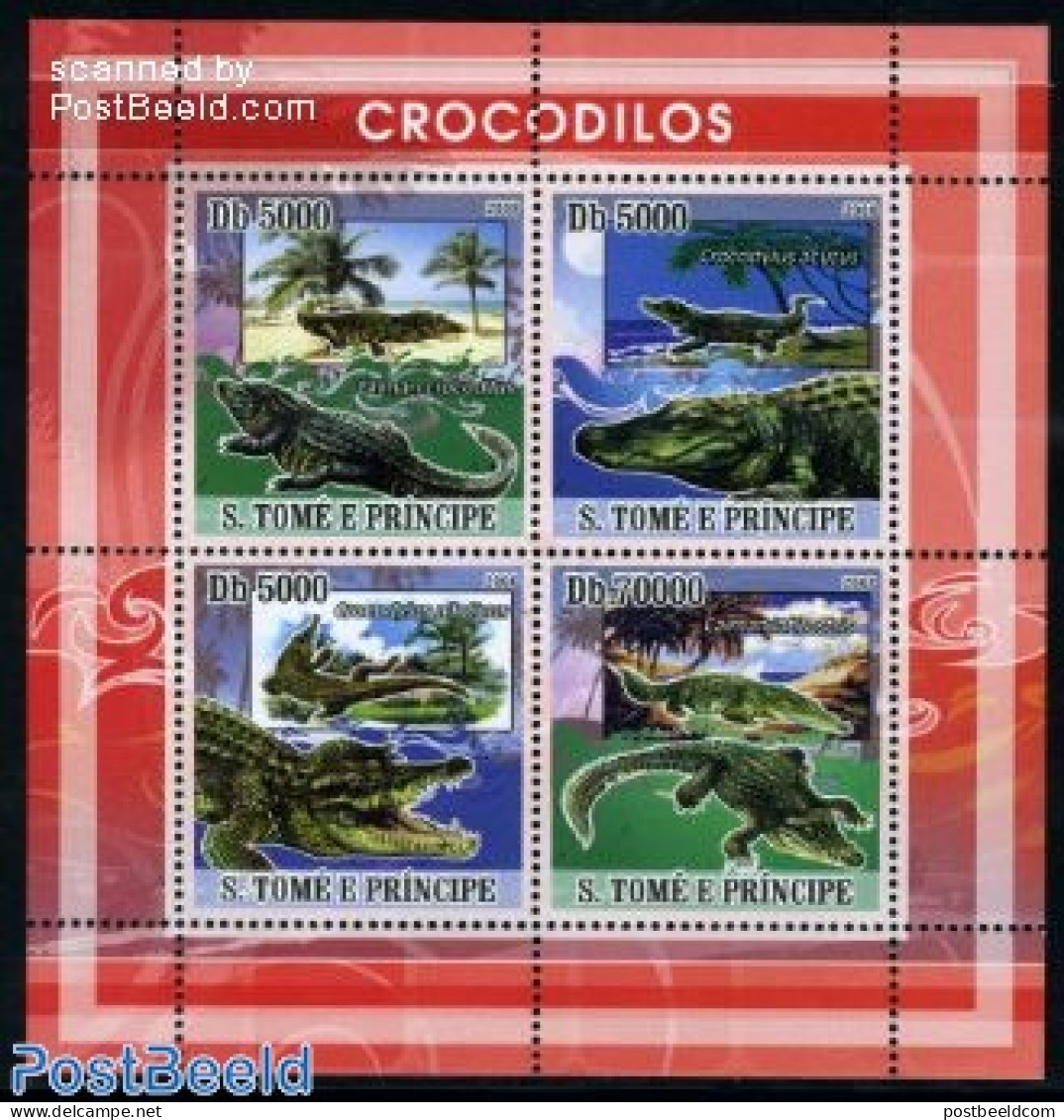 Sao Tome/Principe 2008 Crocodiles 4v M/s, Mint NH, Nature - Crocodiles - Reptiles - Sao Tome And Principe