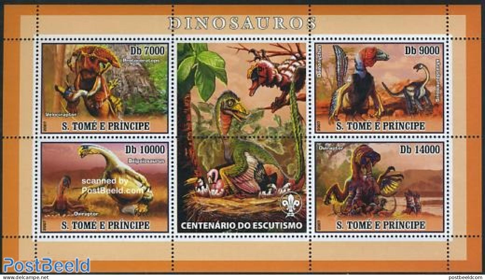 Sao Tome/Principe 2007 Dinosaurs 4v M/s (scouting Logo On Tab), Mint NH, Nature - Sport - Prehistoric Animals - Scouting - Préhistoriques