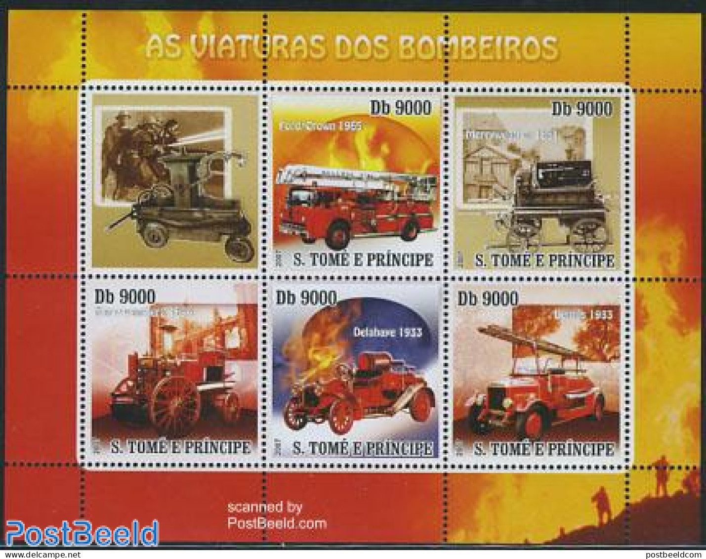 Sao Tome/Principe 2007 Fire Brigade 5v M/s, Mint NH, Transport - Automobiles - Fire Fighters & Prevention - Autos