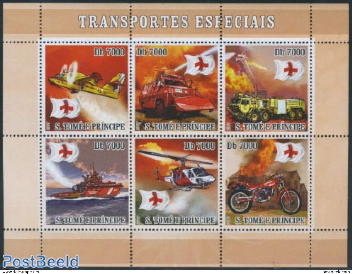 Sao Tome/Principe 2007 Special Transports 6v M/s, Mint NH, Health - Transport - Red Cross - Automobiles - Fire Fighter.. - Red Cross