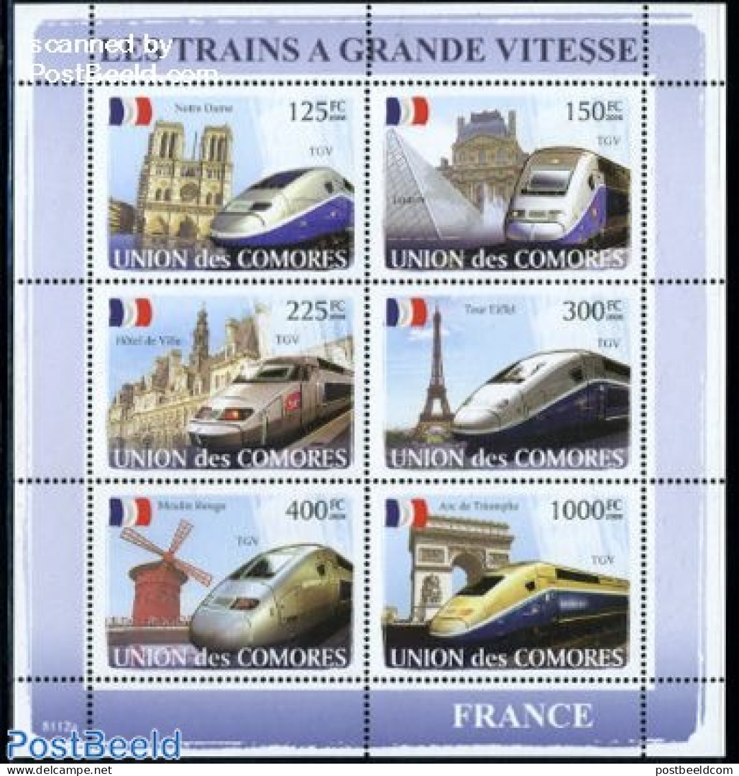 Comoros 2008 French High Speed Trains 6v M/s, Mint NH, Religion - Transport - Various - Churches, Temples, Mosques, Sy.. - Eglises Et Cathédrales