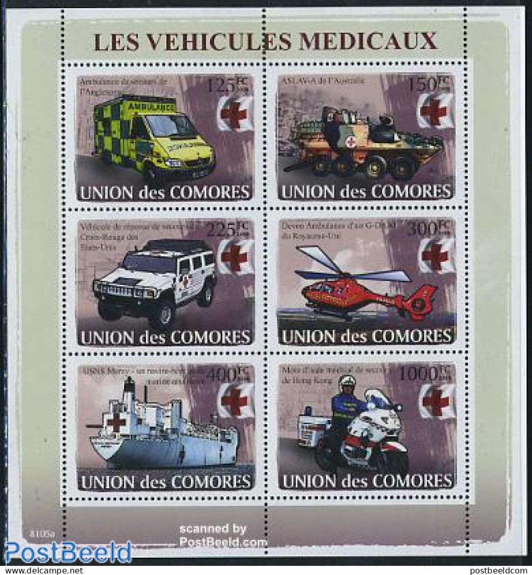 Comoros 2008 Medical Vehicles 6v M/s, Mint NH, Health - Transport - Red Cross - Automobiles - Helicopters - Motorcycle.. - Rode Kruis