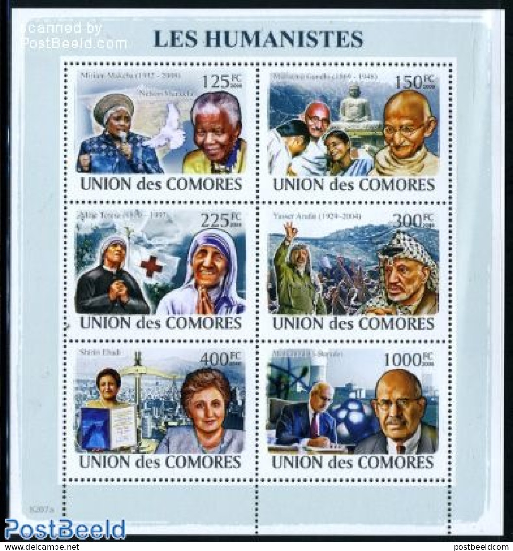 Comoros 2008 Humanists 6v M/s, Mint NH, Health - History - Red Cross - Gandhi - Nobel Prize Winners - Nelson Mandela - Croce Rossa