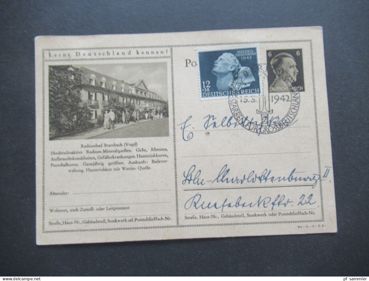 3.Reich 1942 Hilter Bild GA Lernt Deutschland Kennen! Mit ZuF Heldengedenktag Nr.812 Mit Sonderstempel Berlin Grossdeuts - Briefkaarten