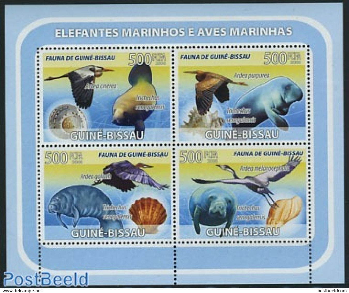 Guinea Bissau 2008 Birds, Shells, Sea Mammals 4v M/s, Mint NH, Nature - Birds - Sea Mammals - Shells & Crustaceans - Marine Life