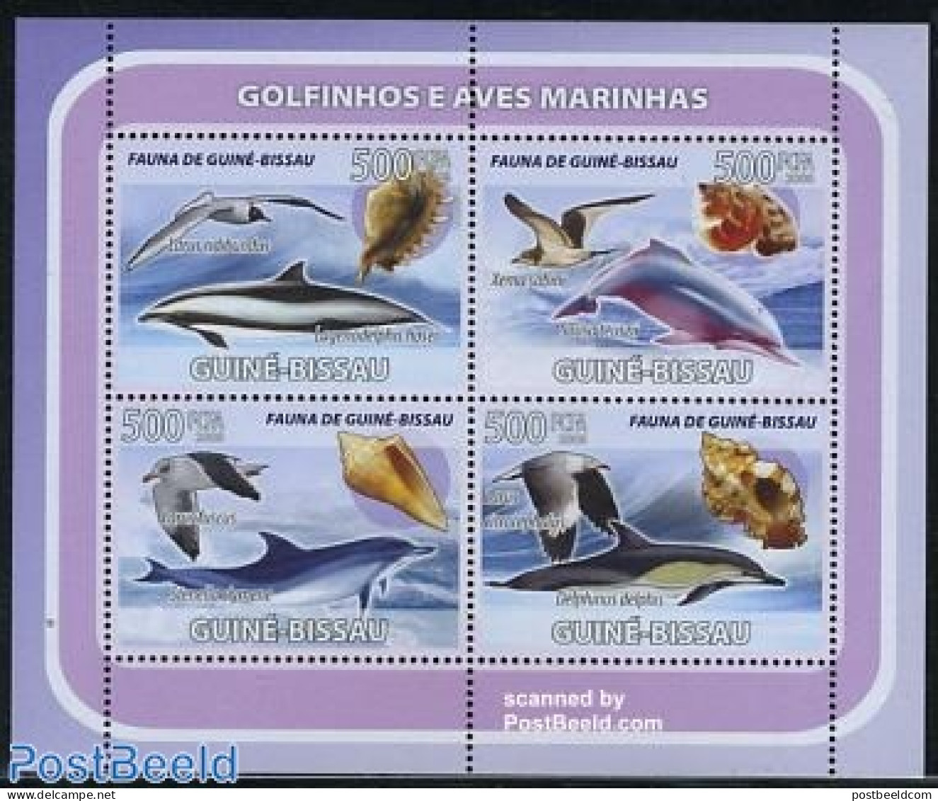 Guinea Bissau 2008 Dolphins, Birds, Shells 4v M/s, Mint NH, Nature - Birds - Sea Mammals - Shells & Crustaceans - Marine Life