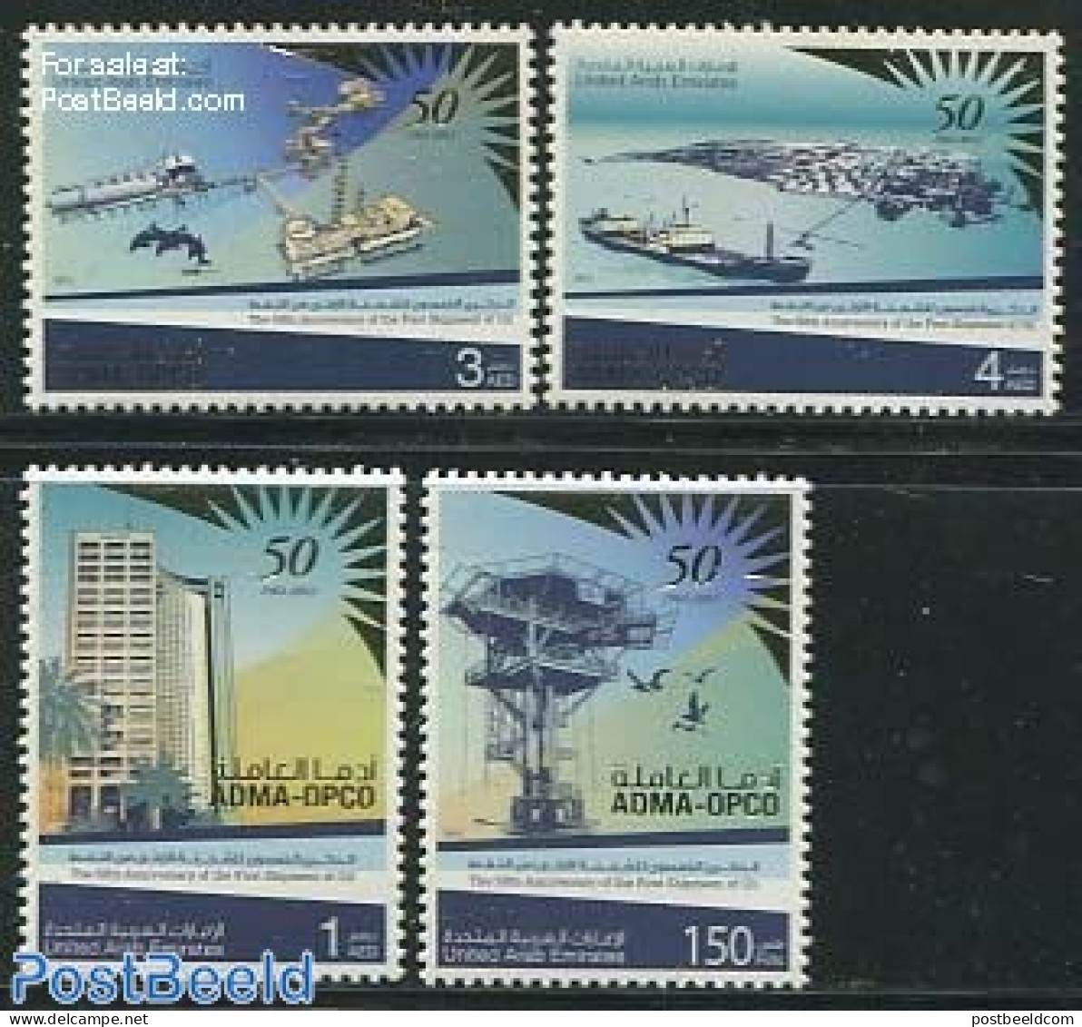 United Arab Emirates 2012 50th Anniv. Of The First Shipment Of Oil 4v, Mint NH, Nature - Science - Transport - Birds -.. - Bateaux
