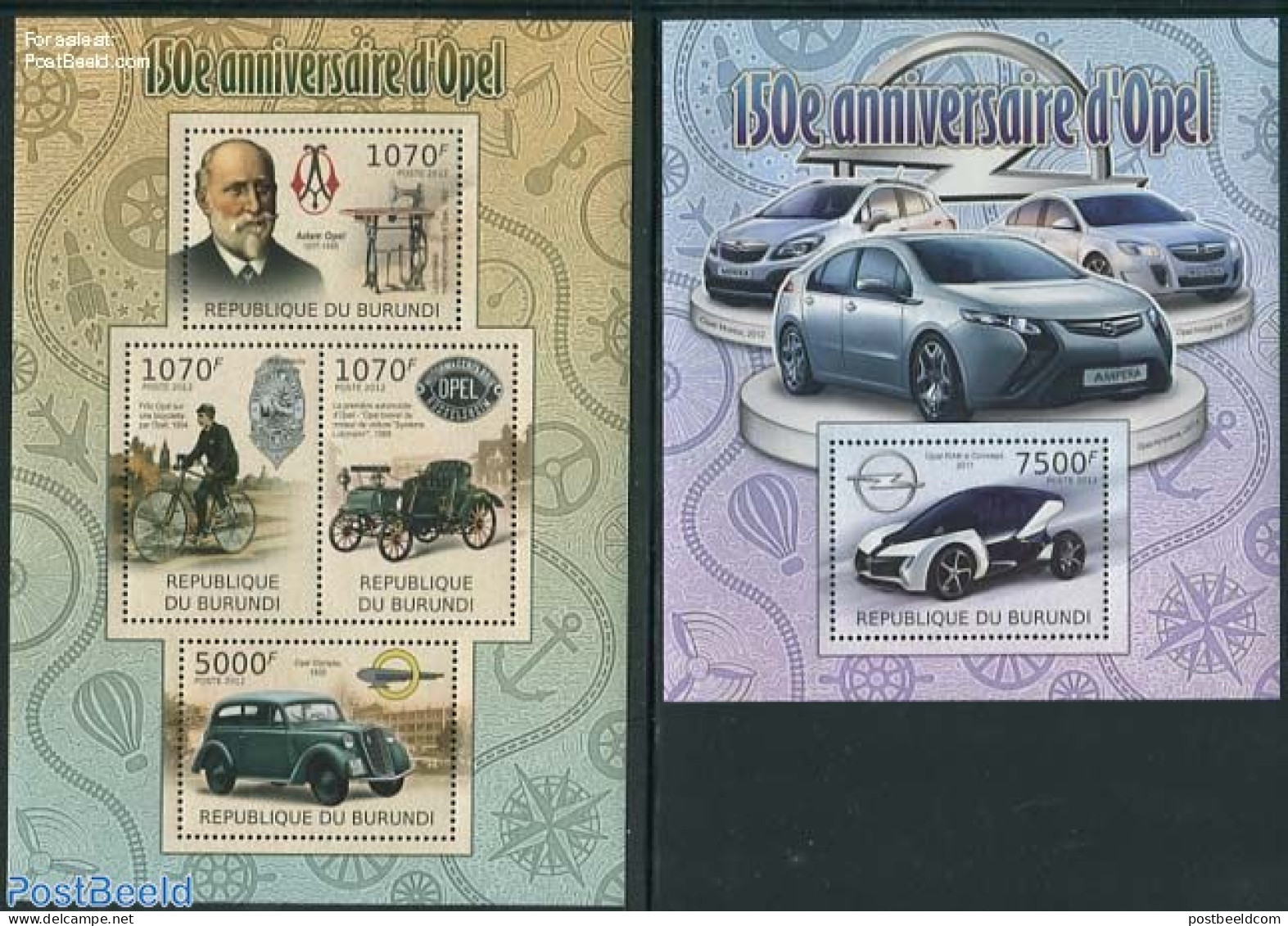 Burundi 2012 150 Years Opel 2 S/s, Mint NH, Sport - Transport - Various - Cycling - Automobiles - Textiles - Wielrennen