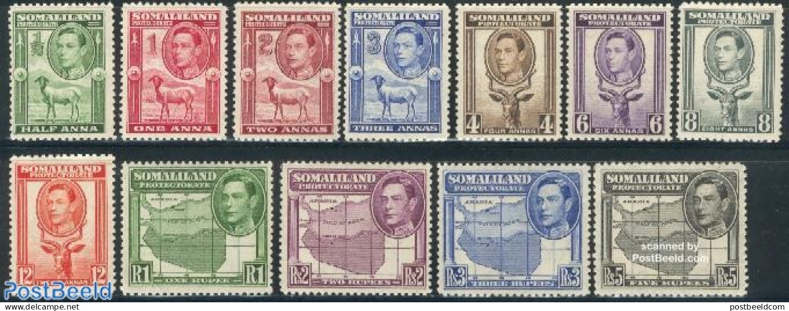 British Somalia 1938 Definitives 12v, Mint NH, Nature - Various - Animals (others & Mixed) - Cattle - Maps - Wild Mamm.. - Geography