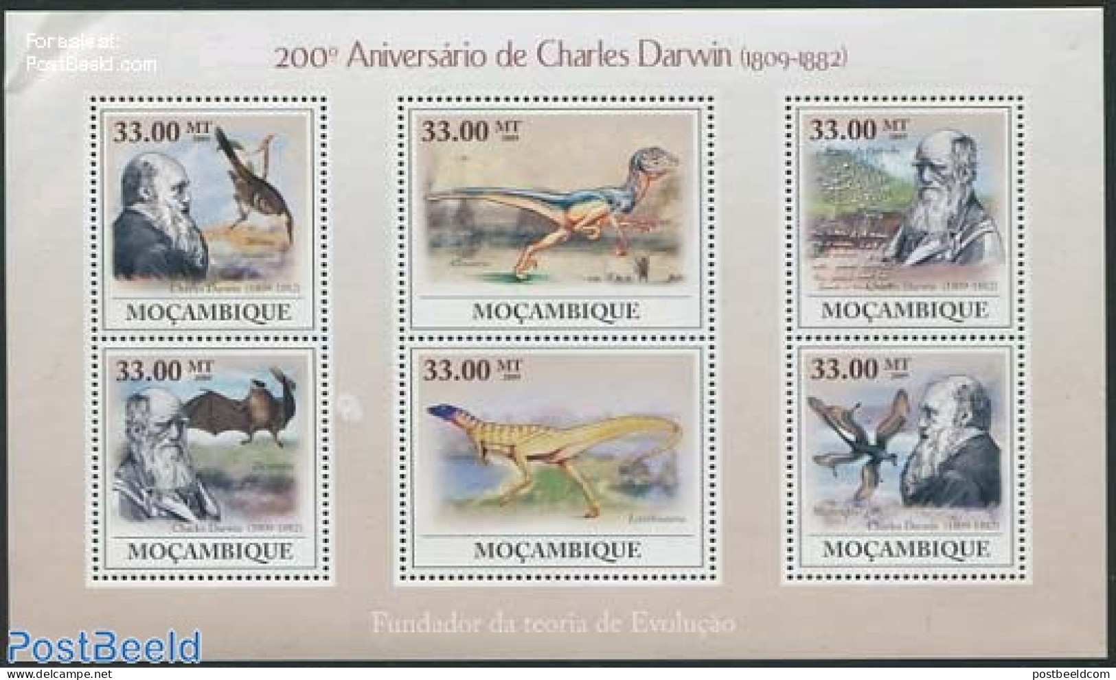 Mozambique 2009 Charles Darwin 6v M/s, Mint NH, History - Nature - Explorers - Bats - Birds - Prehistoric Animals - Exploradores