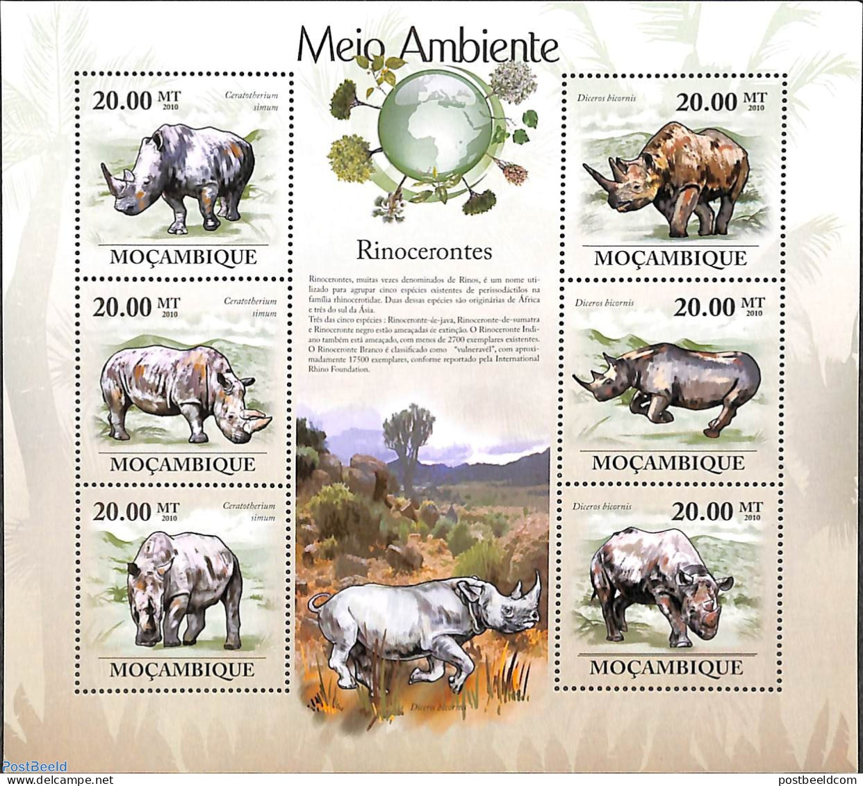 Mozambique 2010 Rhinos 6v M/s, Mint NH, Nature - Animals (others & Mixed) - Rhinoceros - Mosambik