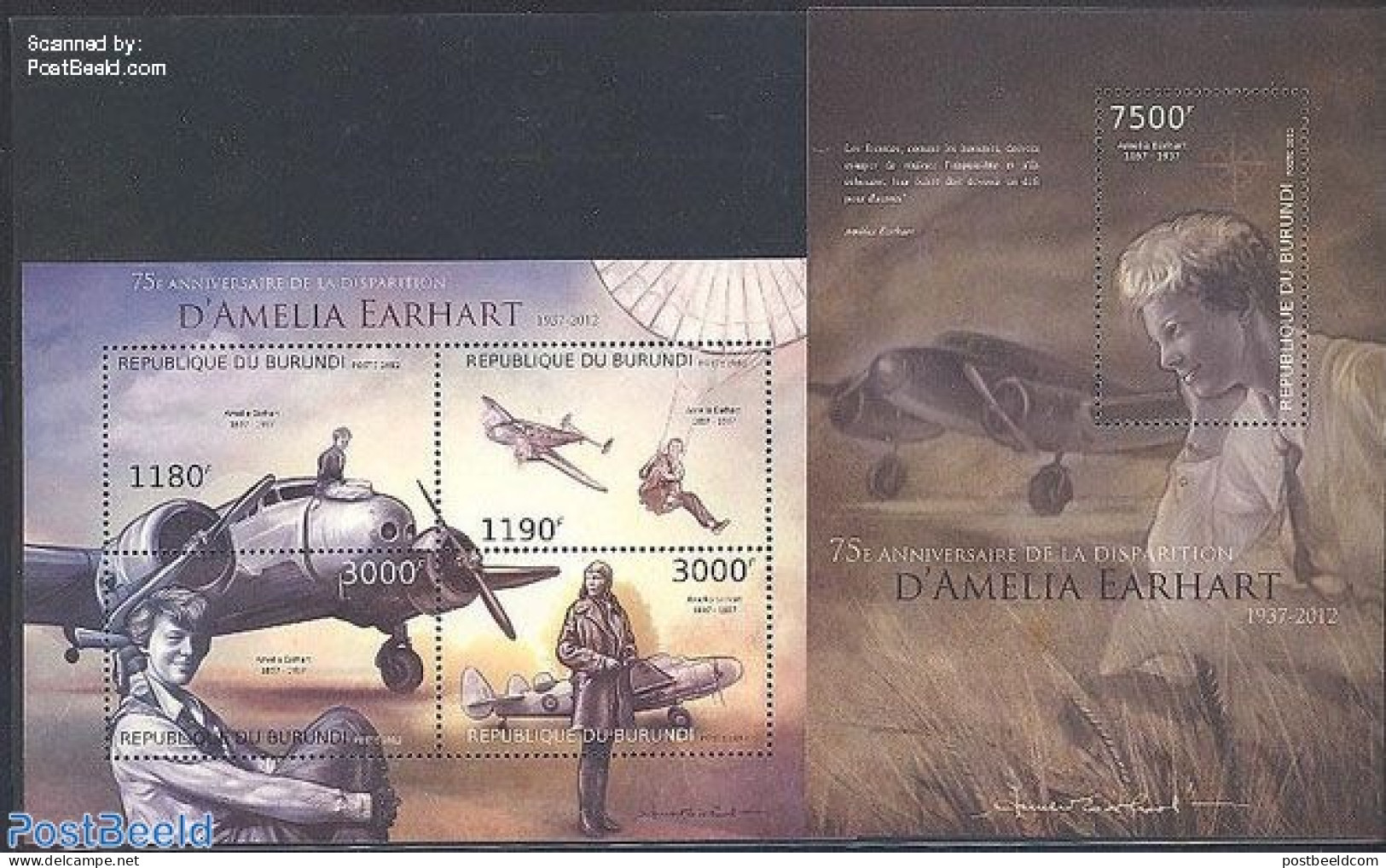 Burundi 2012 Amelia Earhart 2 S/s, Mint NH, History - Transport - Women - Aircraft & Aviation - Unclassified