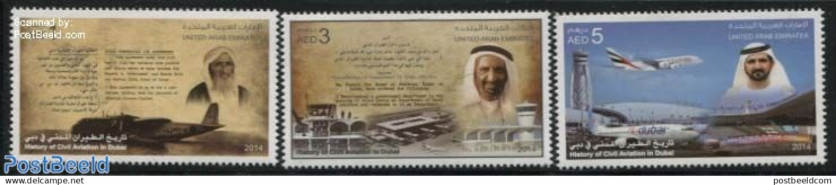 United Arab Emirates 2014 History Of Civil Aviation In Dubai 3v, Mint NH, History - Transport - Kings & Queens (Royalt.. - Familias Reales