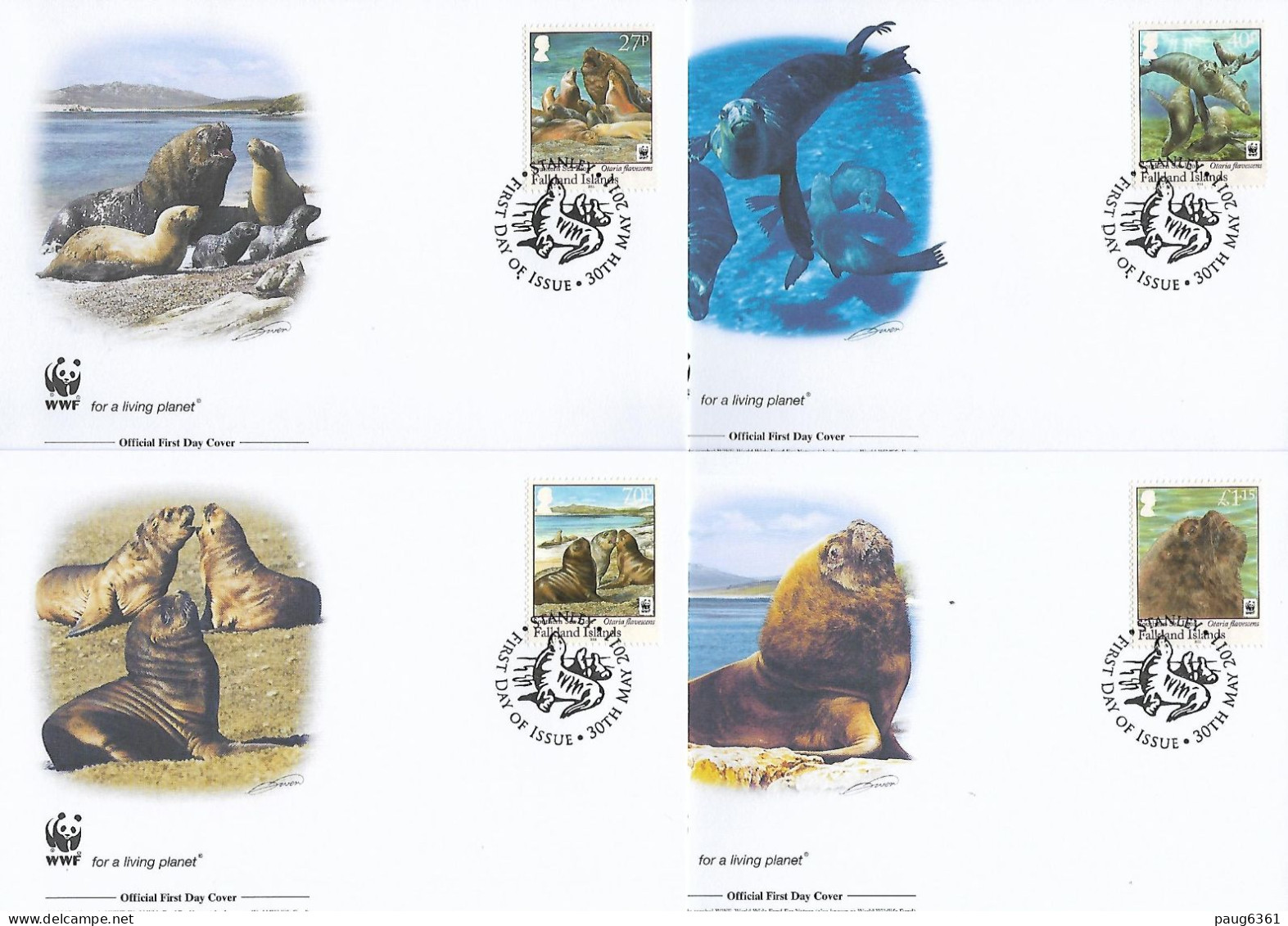 ILES FALKLAND  2011 4 FDC WWF-LIONS DE MER YVERT N°1081/1084 - FDC