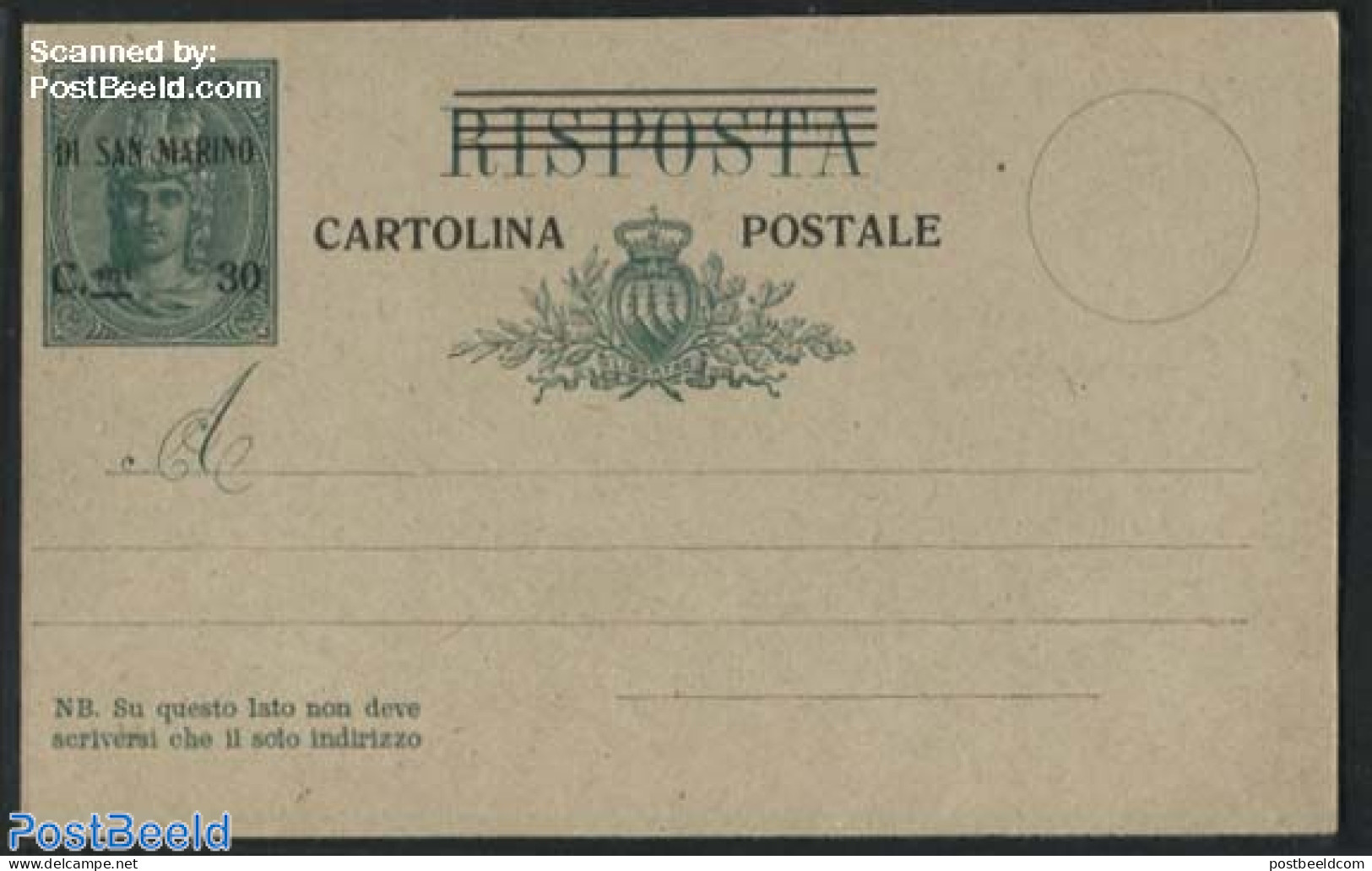 San Marino 1924 Postcard, 30Cmi On 0 Cmi, Risposta (answer Card), Unused Postal Stationary - Lettres & Documents