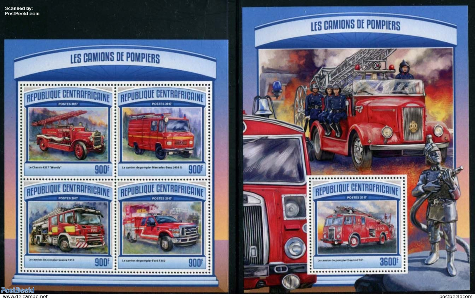 Central Africa 2017 Fire Trucks 2 S/s, Mint NH, Transport - Automobiles - Fire Fighters & Prevention - Cars