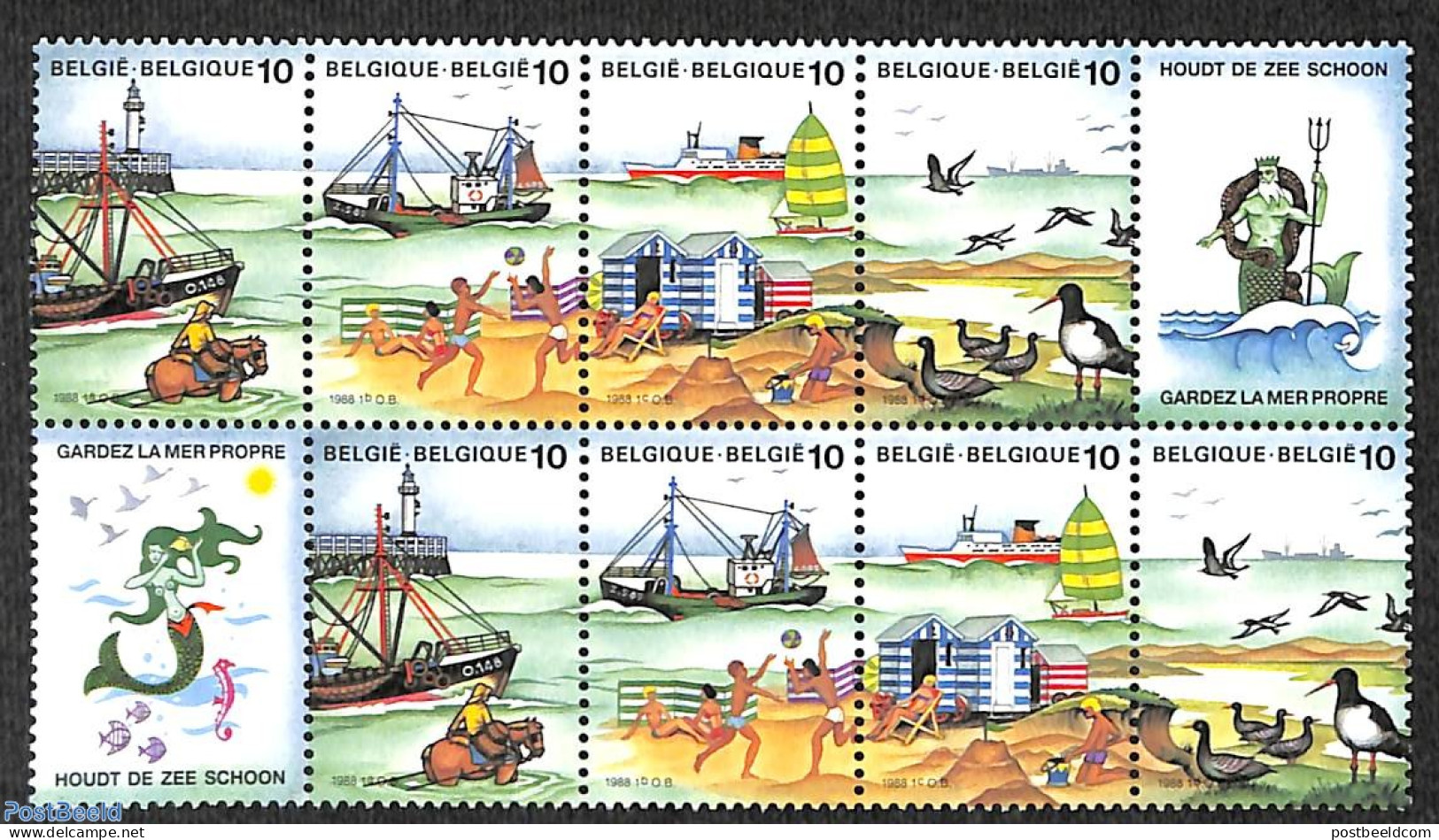 Belgium 1988 The Sea 2x4v With Tab On Right Side And Left Side, Mint NH, Nature - Transport - Various - Horses - Aircr.. - Neufs