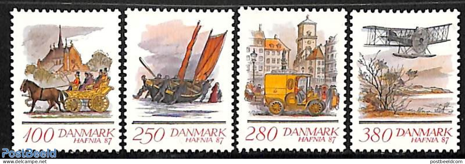Denmark 1986 HAFNIA 87 4v (from S/s), Mint NH, Nature - Transport - Horses - Post - Automobiles - Aircraft & Aviation .. - Unused Stamps