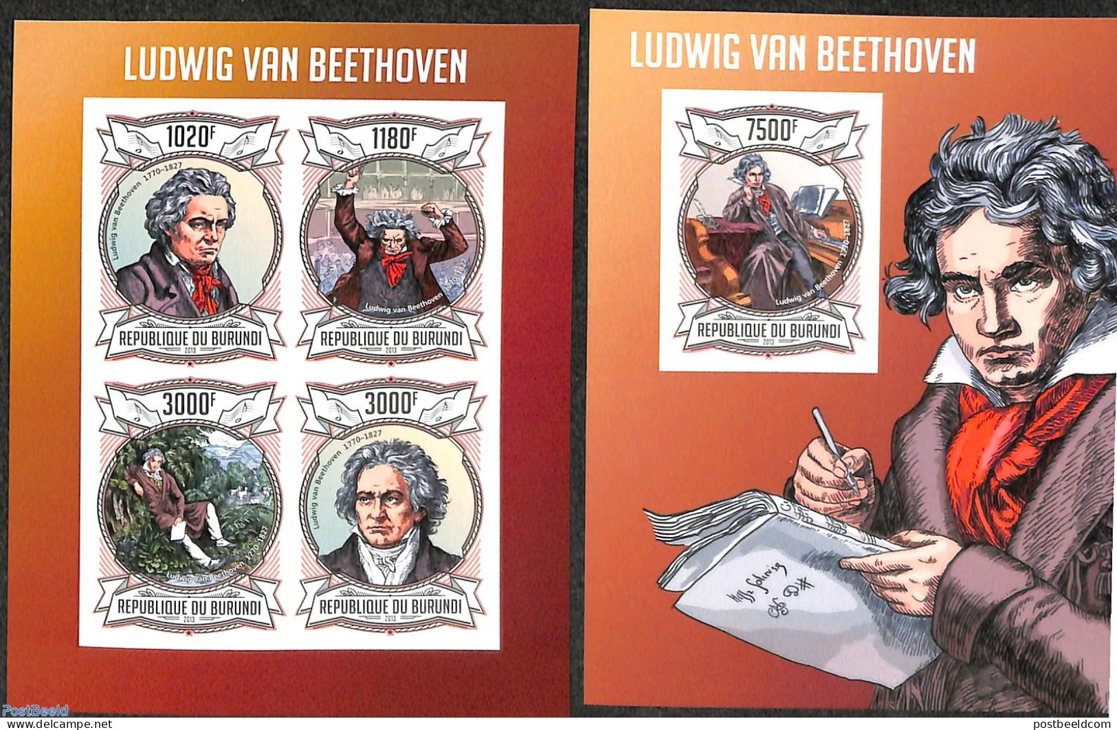 Burundi 2013 Ludwig Van Beethoven  2 S/s, Imperforated, Mint NH, Performance Art - Music - Musique