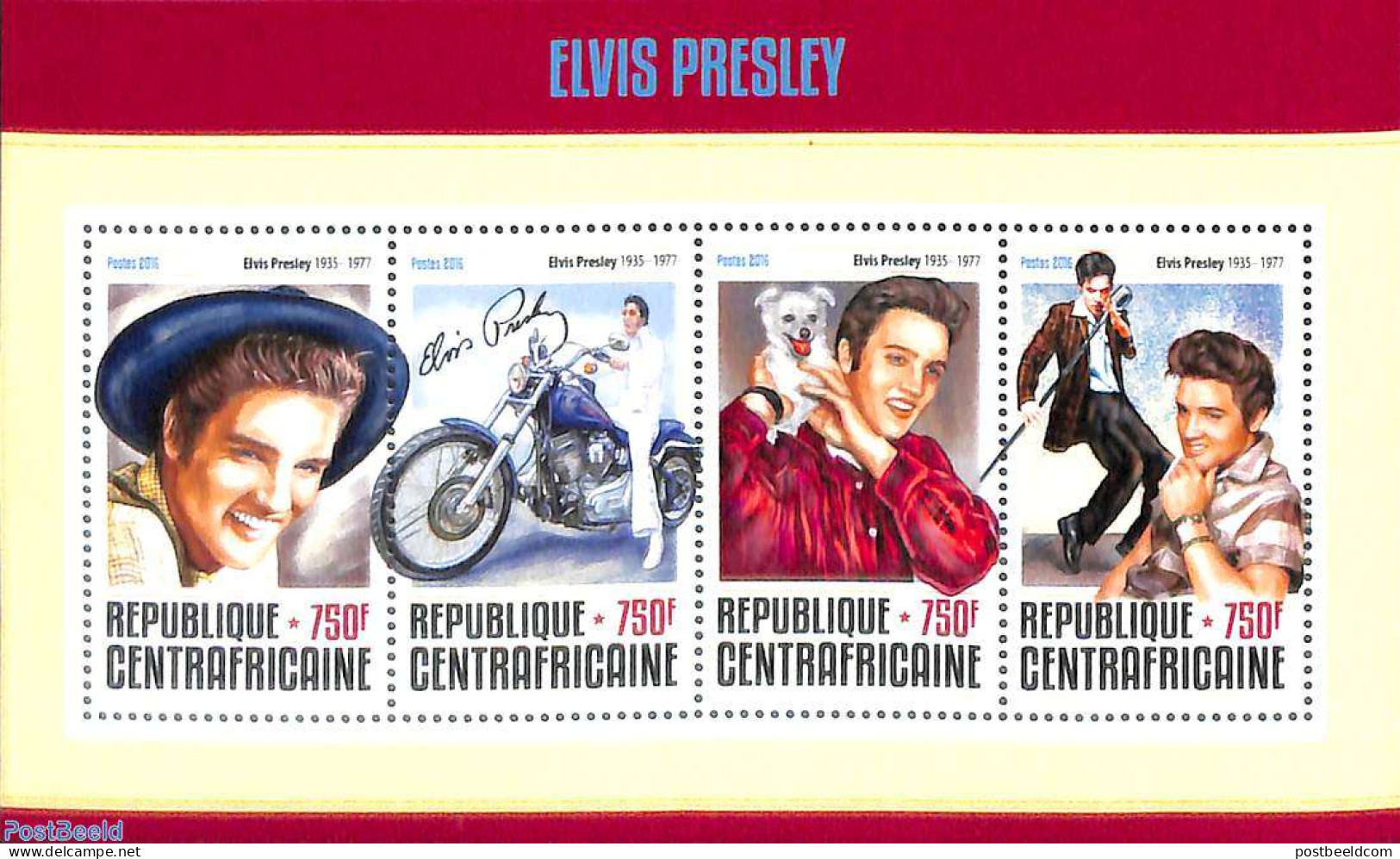 Central Africa 2016 Elvis Presley 4v M/s, Mint NH, Nature - Performance Art - Transport - Dogs - Elvis Presley - Music.. - Elvis Presley