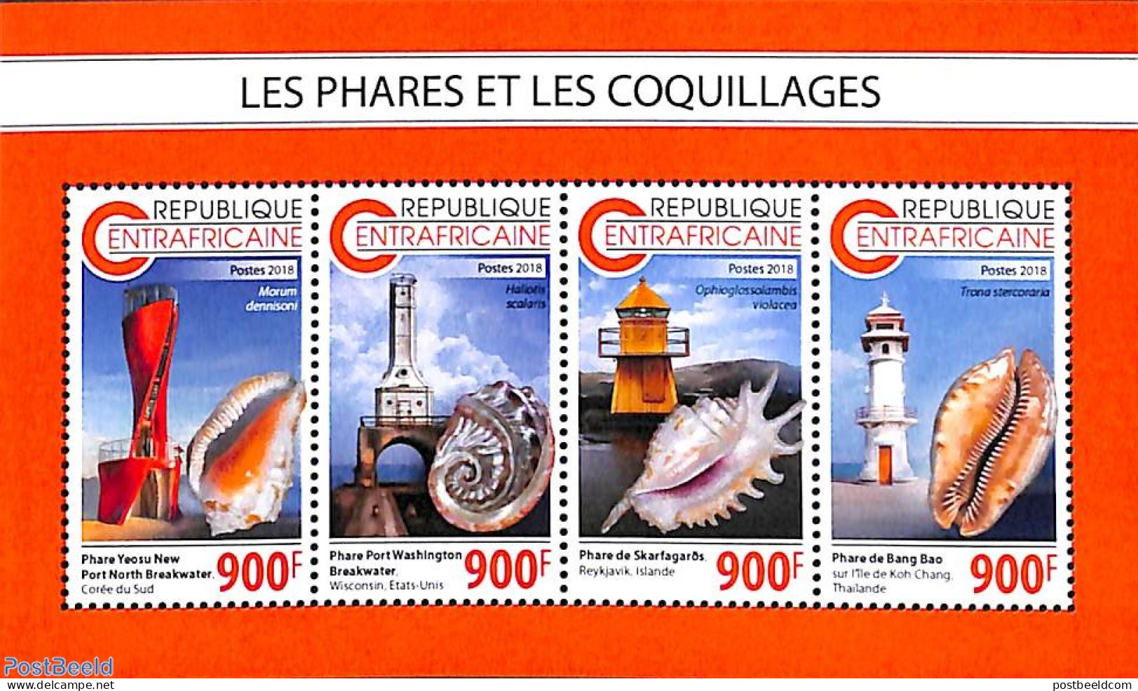 Central Africa 2018 Lighthouses And Shells 4v M/s, Mint NH, Nature - Various - Shells & Crustaceans - Lighthouses & Sa.. - Maritiem Leven