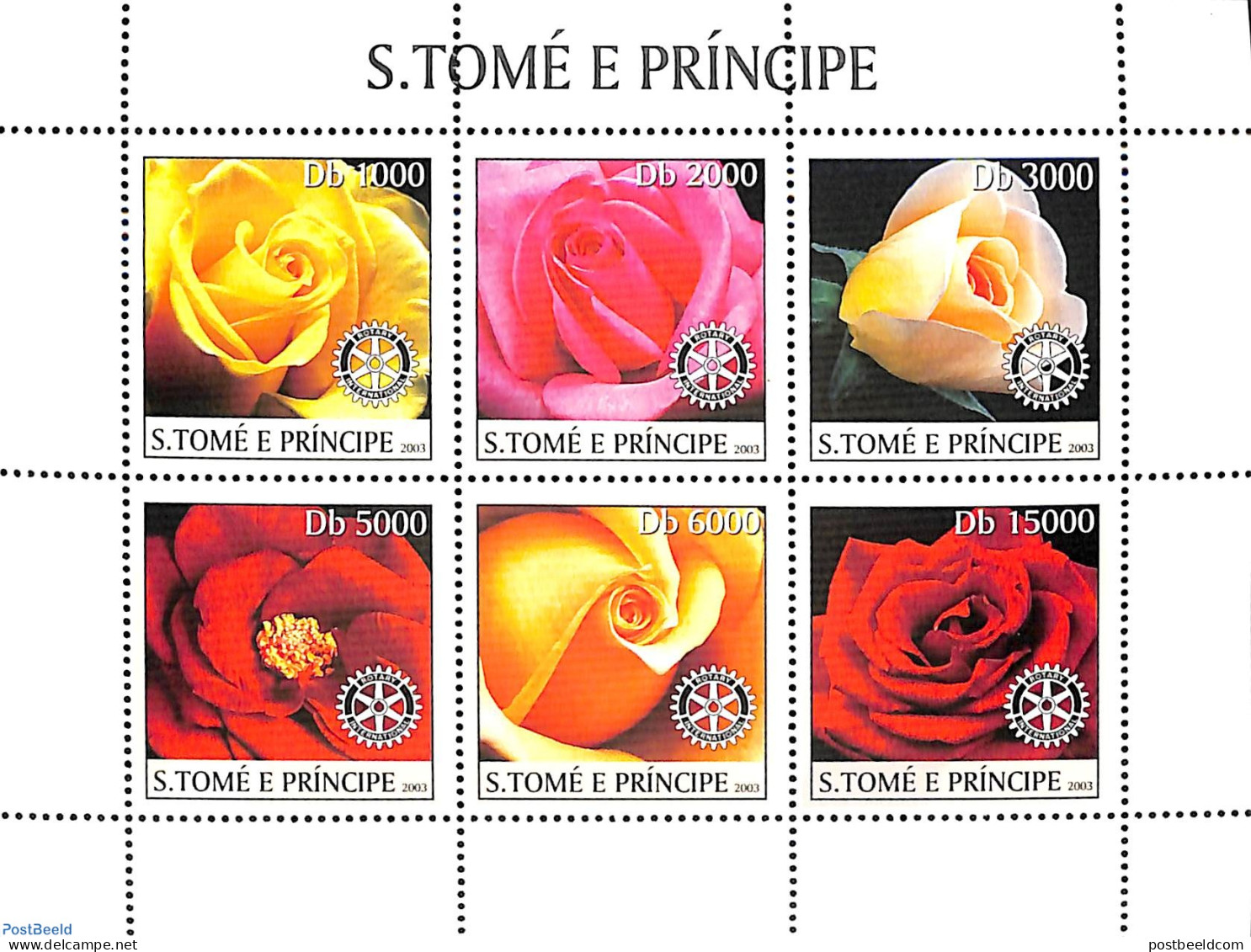 Sao Tome/Principe 2003 Roses, Rotary 6v M/s, Mint NH, Nature - Various - Flowers & Plants - Roses - Rotary - Rotary Club