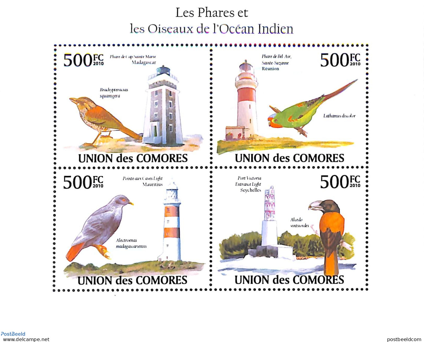 Comoros 2010 Lighthouses And Birds 4v M/s, Mint NH, Nature - Various - Birds - Lighthouses & Safety At Sea - Leuchttürme