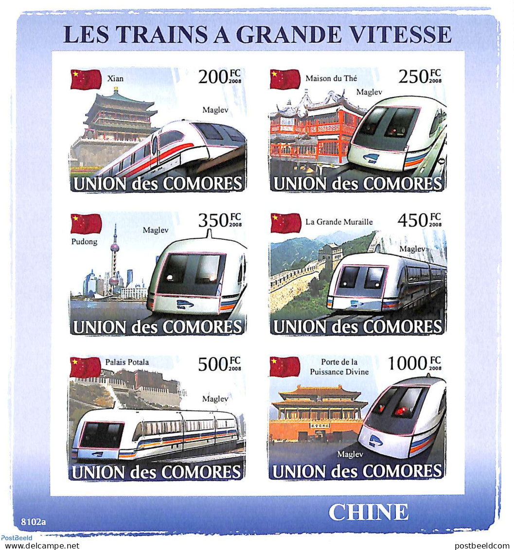 Comoros 2008 High Speed Trains 6v M/s, Imperforated, Mint NH, Transport - Railways - Trains