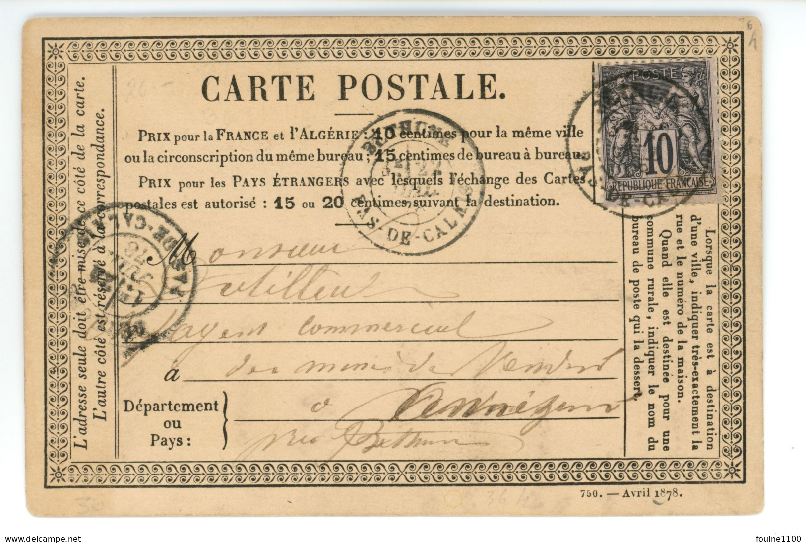 CARTE PRECURSEUR Pour Dutilleul Ou Dutilleur Agent Commercial Des Mines De Vendin à ANNEZIN Par BETHUNE 62 Année 1878 - 1877-1920: Periodo Semi Moderno