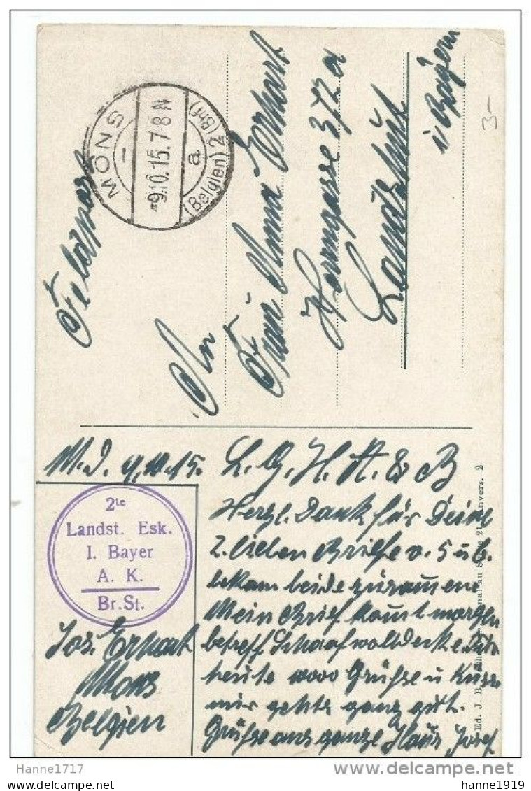 Antwerpen Gare Centrale Middenstatie Briefstempel 2te Landst. Esk. I. Bayer A.K. Br. St. 1915 Mons Belgien Htje - Antwerpen