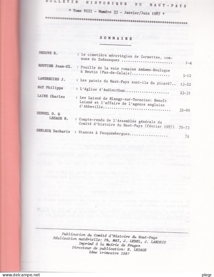 BULLETIN HISTORIQUE DU HAUT-PAYS - Tome VIII - N°33 - 1987 (ZUDAUSQUES, AUDINCTHUN, BLANGY SUR TERNOISE) - Geschichte