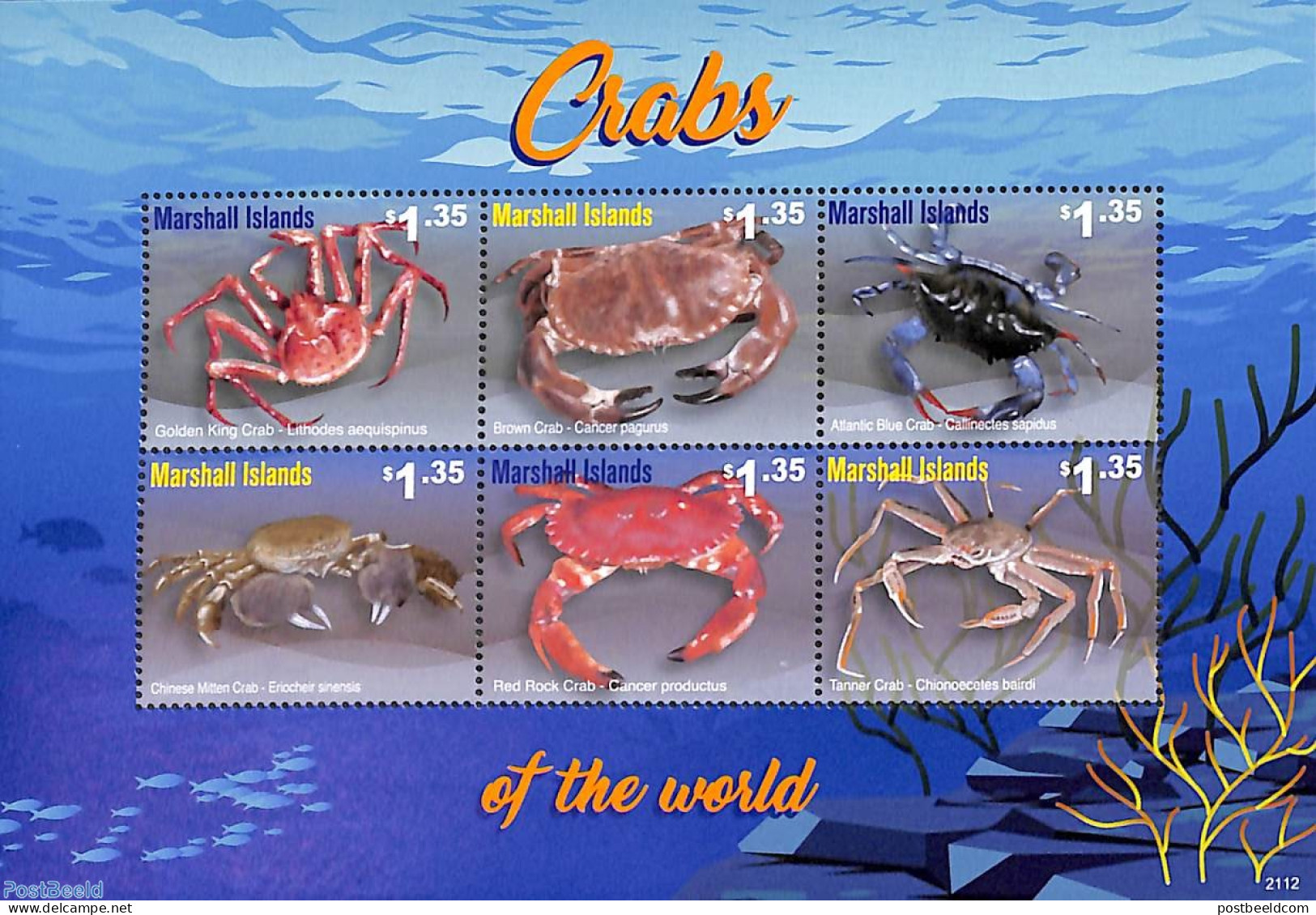 Marshall Islands 2021 Crabs 6v M/s, Mint NH, Nature - Shells & Crustaceans - Vita Acquatica