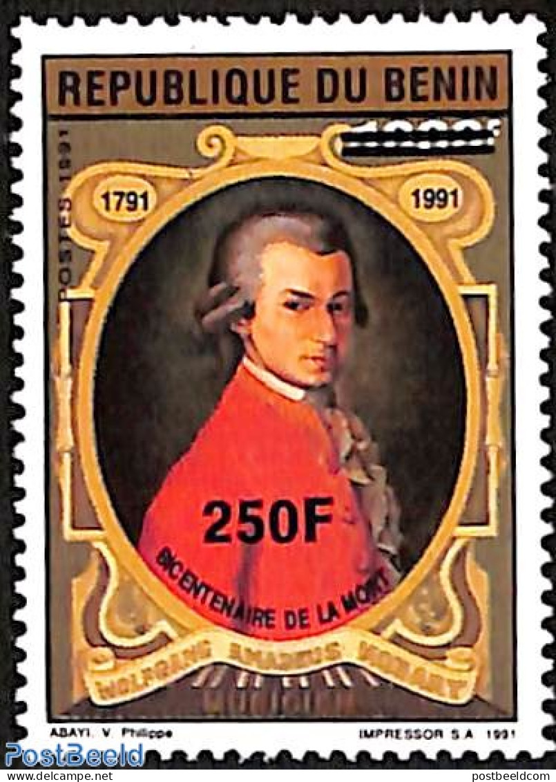 Benin 1995 Wolfgang Amadeus Mozart, Overprint, Mint NH, Performance Art - Amadeus Mozart - Music - Art - Composers - Unused Stamps