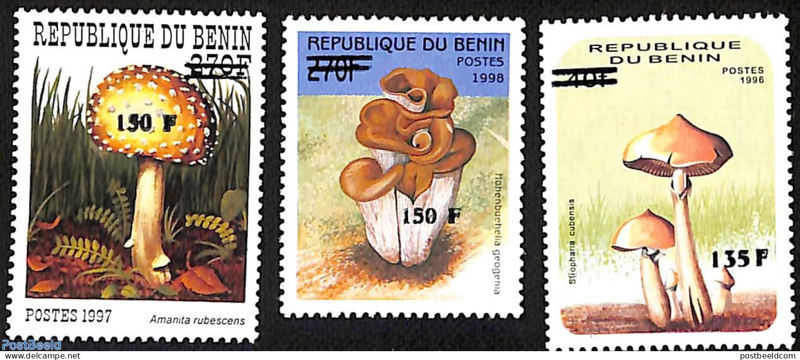 Benin 2000 Mushrooms, Set Of 3 Stamps, Overprint, Mint NH, Nature - Mushrooms - Ungebraucht