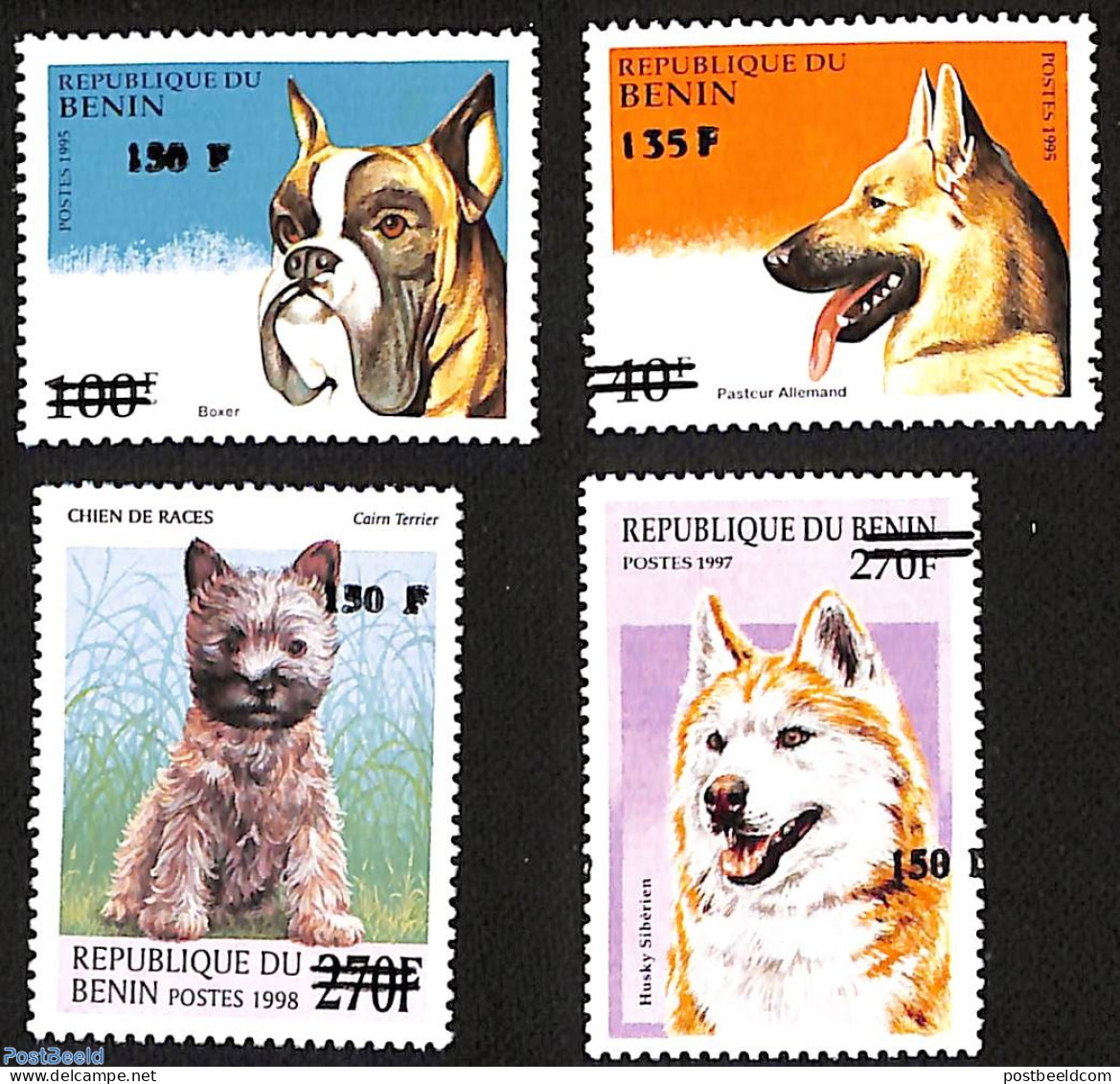 Benin 2000 Dogs, Set Of 4 Stamps, Overprint, Mint NH, Nature - Dogs - Ungebraucht