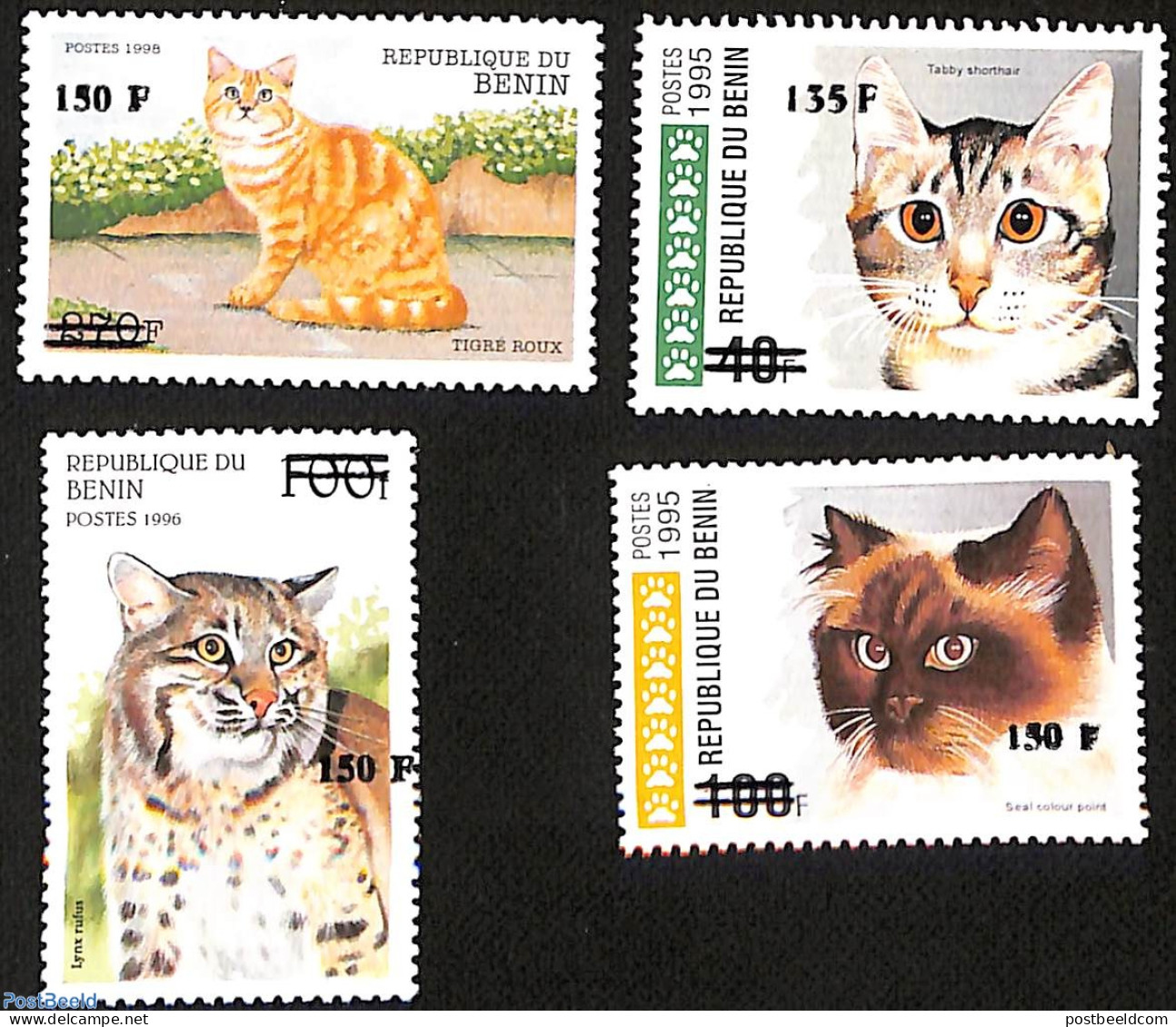 Benin 2000 Cats, Set Of 4 Stamps, Overprint, Mint NH, Nature - Cats - Ungebraucht
