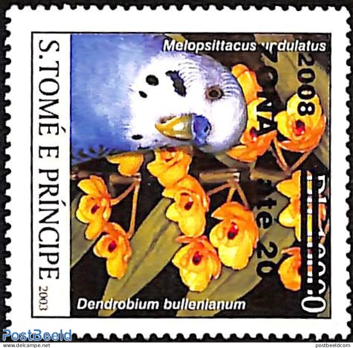 Sao Tome/Principe 2008 Melopsittacus Undulatus, Parakeet, Overprint, Mint NH, Nature - Birds - Flowers & Plants - Sao Tome En Principe