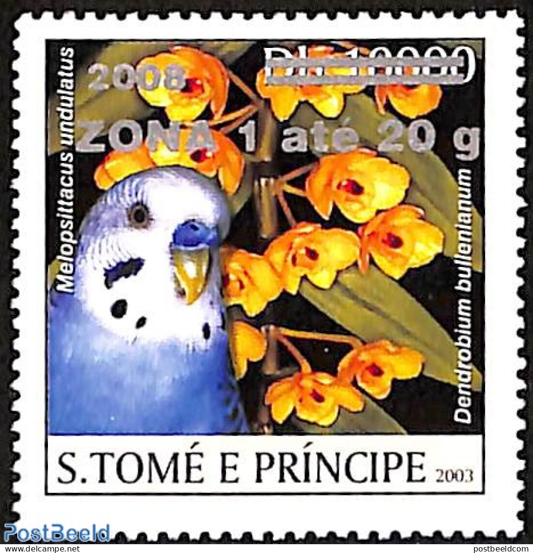 Sao Tome/Principe 2008 Melopsittacus Undulatus, Parakeet, Overprint, Mint NH, Nature - Birds - Sao Tome En Principe