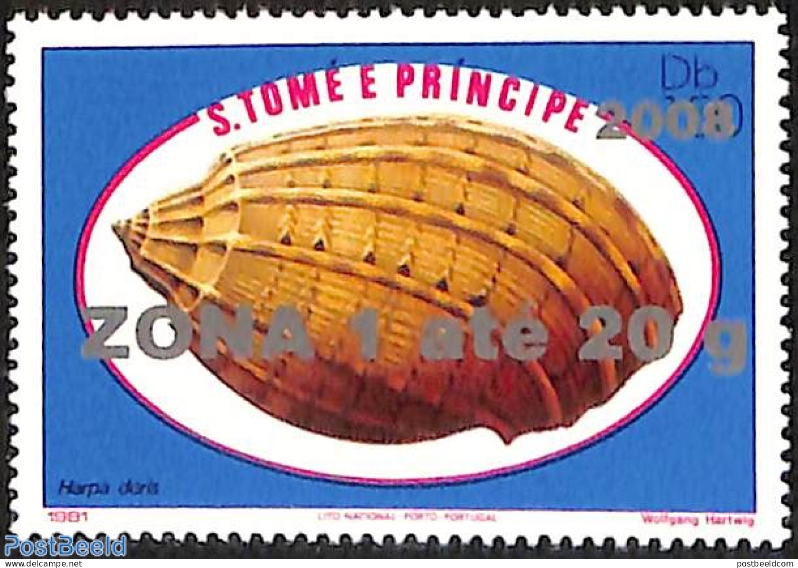 Sao Tome/Principe 2008 Harpa Doris Shell, Overprint, Mint NH, Nature - Shells & Crustaceans - Meereswelt