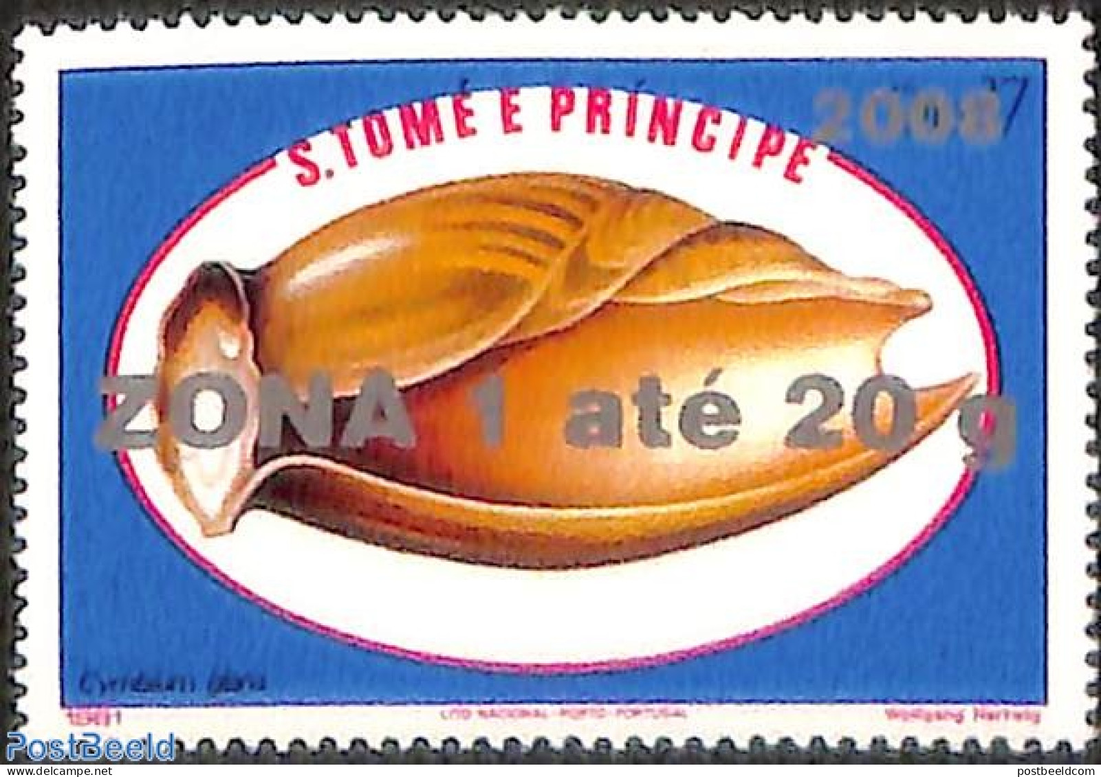 Sao Tome/Principe 2008 Cymbium Glans Shell, Overprint, Mint NH, Nature - Shells & Crustaceans - Vita Acquatica