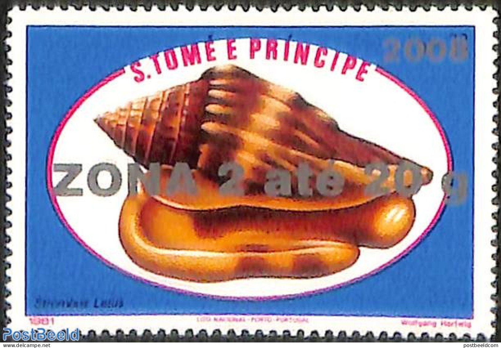 Sao Tome/Principe 2008 Strombus Latus Shell, Overprint, Mint NH, Nature - Shells & Crustaceans - Marine Life
