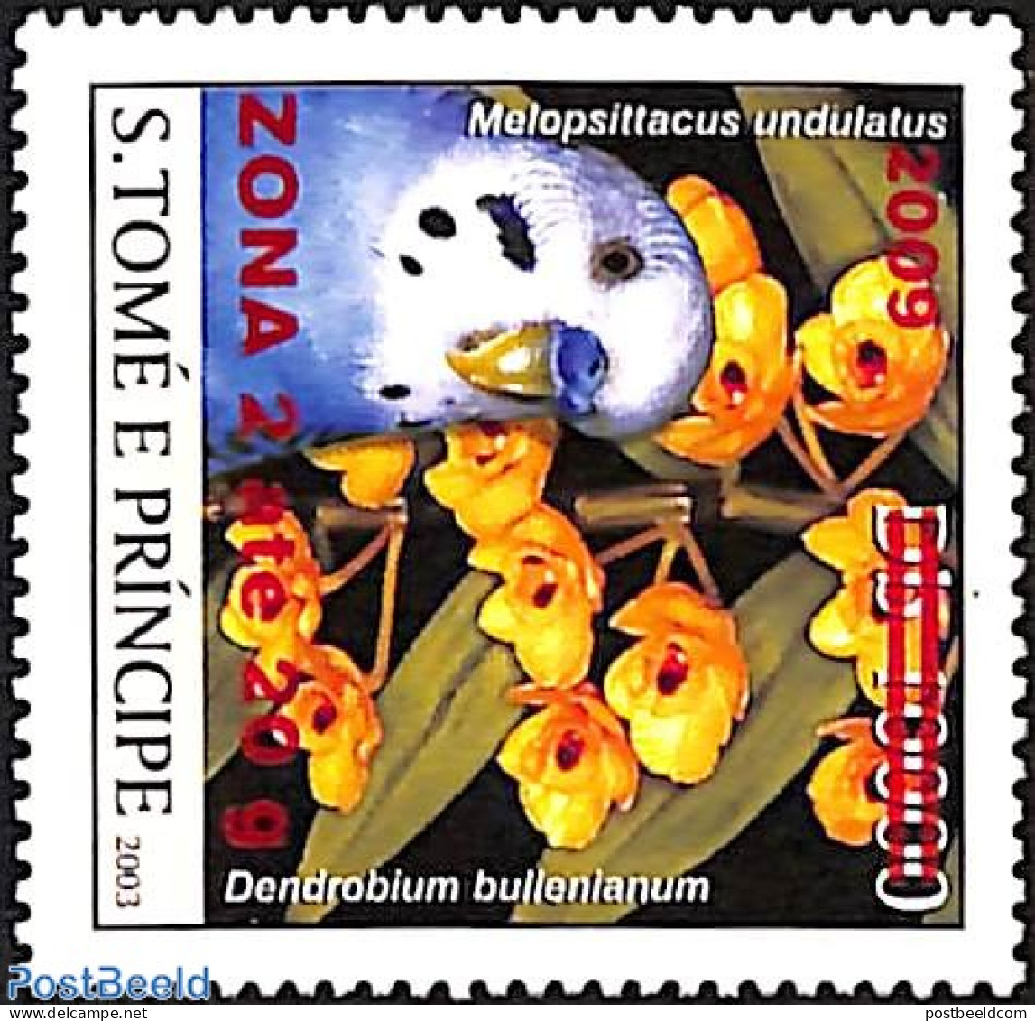 Sao Tome/Principe 2009 Melopsittacus Undulatus, Parakeet, Overprint Zona 2 Red, Mint NH, Nature - Birds - Flowers & Pl.. - Sao Tome Et Principe