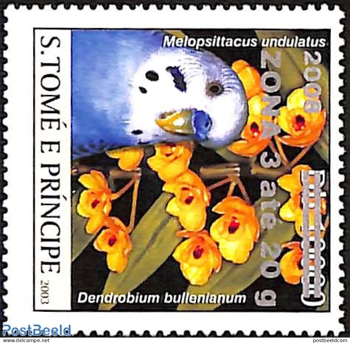 Sao Tome/Principe 2009 Melopsittacus Undulatus, Parakeet, Overprint Zona 3 Silver, Mint NH, Nature - Birds - Flowers &.. - São Tomé Und Príncipe