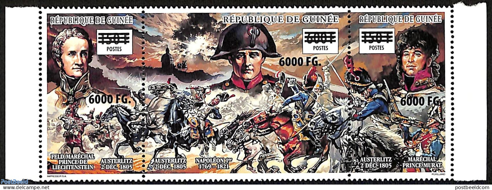 Guinea, Republic 2009 Strip Of 3 Stamps, Napoleon On The Battlefield In Austerlitz, Overprint, Mint NH, History - Natu.. - Militares